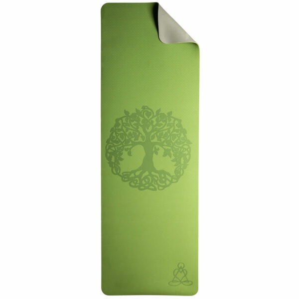 Berk Yogamatte in grün, ausgerollt, eingeklappte Ecke in grau
